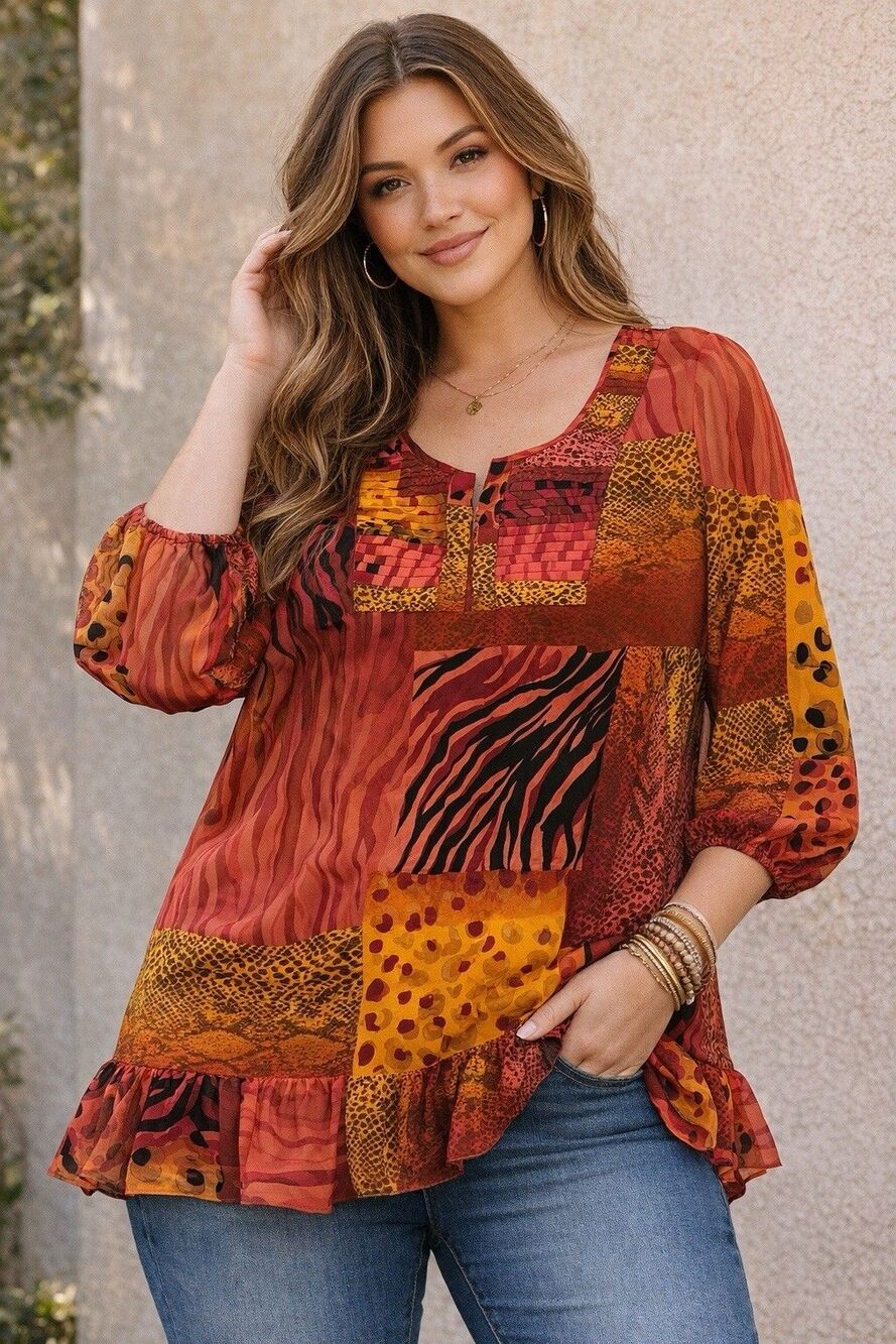 Y2K Boho Animal Print Patchwork Tunic Blouse Plus Size 16 Sheer Festival Top